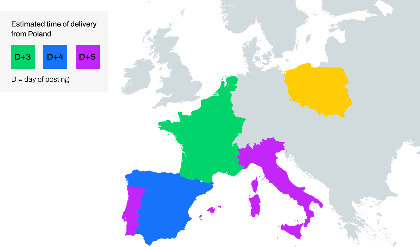 Map of Europe with indication of countries where the InPost International service is available, together with estimated delivery times in the region. Belgium, the Netherlands, France, Luxembourg - 3 days from the day of posting. Spain - 4 days from the date of posting. Portugal, Balearic Islands, Corsica, Italy - 5 days from the date of posting.