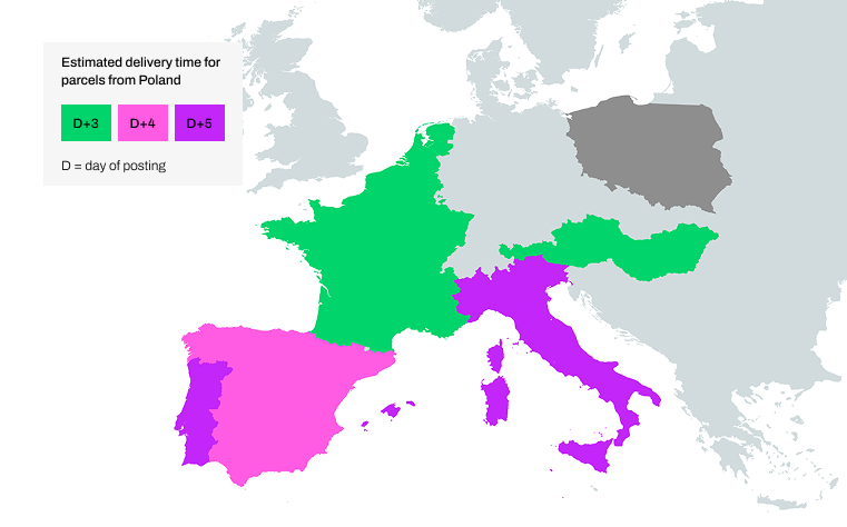Map of Europe highlighting the countries where InPost International service is available, along with the estimated delivery time for each region. Belgium, Netherlands, France, Luxembourg, Austria, Hungary - 3 days from the date of posting, Spain - 4 days from the date of posting, Portugal, Balearic Islands, Sardinia, Corsica, Italy - 5 days from the date of posting.