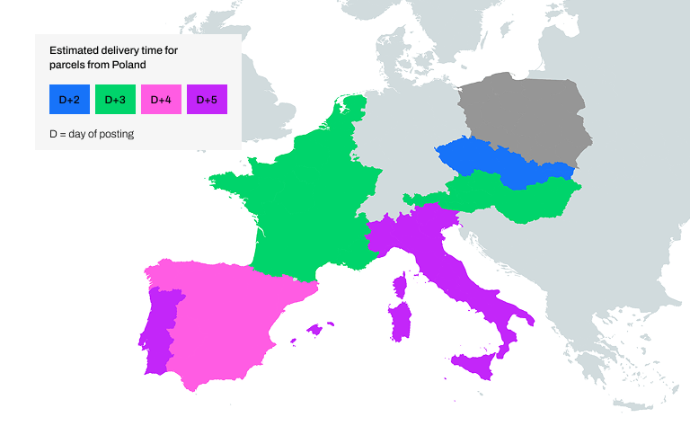 Map of Europe highlighting the countries where InPost International service is available, along with the estimated delivery time for each region. Czechia, Slovakia - 2 days from the date of posting Belgium, Netherlands, France, Luxembourg, Austria, Hungary - 3 days from the date of posting, Spain - 4 days from the date of posting, Portugal, Balearic Islands, Sardinia, Corsica, Italy - 5 days from the date of posting.