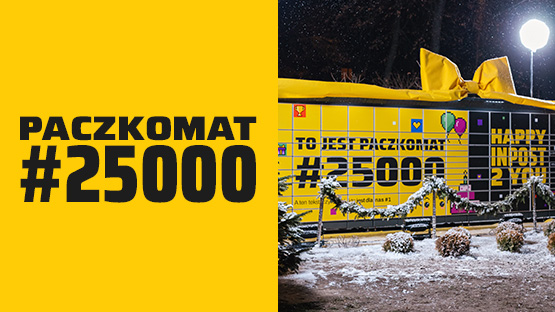 Na żółtym tle znajduje się napis: "Paczkomat #25000". Po prawej stronie widoczne jest zdjęcie jubileuszowego urządzenia Paczkomat z żółtą kokardą na dachu oraz okleiną z napisem: "To jest Paczkomat #25000. Hapi InPost tu ju".