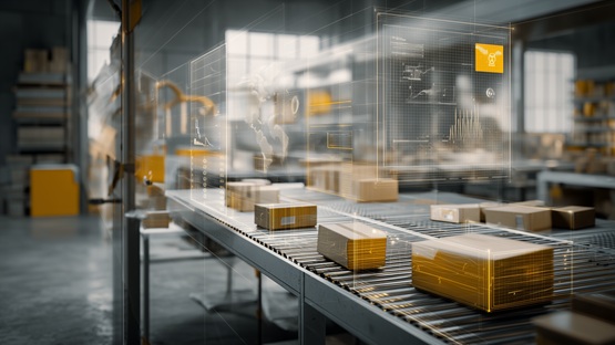 Kartony na taśmie produkcyjnej w magazynie, z nałożonymi grafikami danych, czyli automatyzacja firmy.