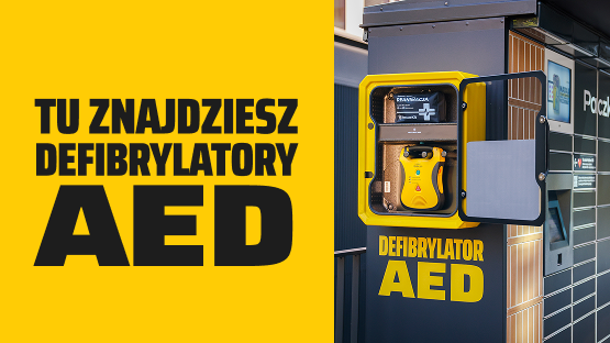 Helpbox 365 zamontowany na boku maszyny Paczkomat. Tu znajdziesz defibrylatory AED.