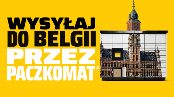 Grafika promująca wysyłkę paczek do Belgii przez Paczkomat. Żółte tło z dużym tekstem oraz zdjęciem budynku, nawiązującym do architektury belgijskie
