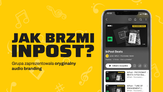 Ekran telefonu z playlistą InPost Beats i okładka winyla z graficznym wizerunkiem urządzenia Paczkomat. Jak brzmi InPost? Grupa zaprezentowała oryginalny audio branding.