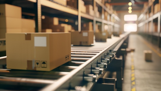 Laptop ze sposobem jak stworzyć bota zakupowego w magazynie, wokół kartony i taśma klejąca.