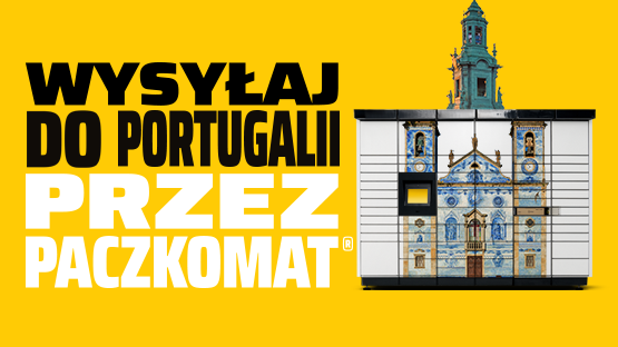 Grafika promocyjna przedstawiająca możliwość wysyłania paczki do Portugalii przez Paczkomat. Na żółtym tle widnieje napis "Wysyłaj do Portugalii przez Paczkomat". Po prawej stronie znajduje się zdjęcie Paczkomatu, na którego front nałożono obraz charakterystycznego budynku z Portugalii, ozdobionego kafelkami azulejos.