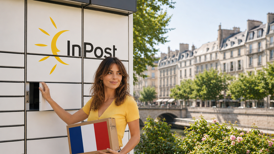 Kobieta nadaje paczkę z Francji do Polski przez Paczkomat InPost.