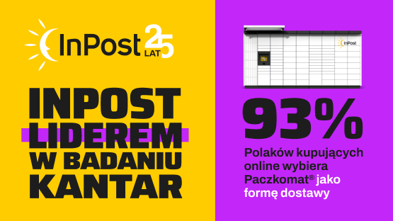 Grafika promocyjna firmy InPost na żółtym tle z napisem "INPOST LIDEREM W BADANIU KANTAR". Poniżej znajduje się fioletowy prostokąt z rysunkiem paczkomatu oraz informacją, że 93% Polaków kupujących online wybiera Paczkomat jako formę dostawy.