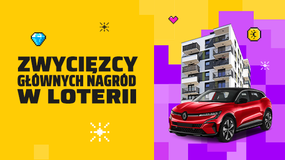 Żółto-fioletowa grafika z napisem: "Zwycięzcy głównych nagród w loterii". Po prawej stronie wizualizacja nagród: samochodu oraz mieszkania.