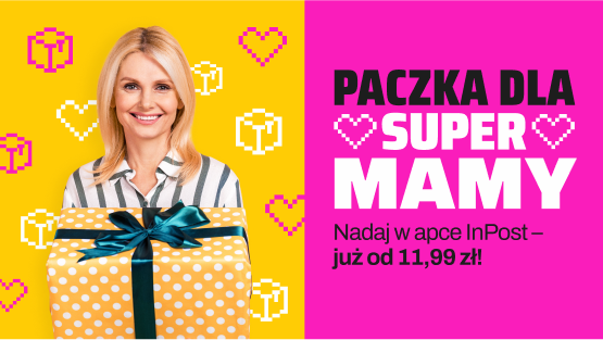 Paczka dla Supermamy  Nadaj w apce InPost już od 11,99 zł  Uśmiechnięta kobieta trzyma w ręce dużą paczkę