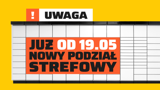Paczkomat InPost na żółtym tle, a na nim znajduje się napis: "UWAGA! JUŻ OD 19.05 NOWY PODZIAŁ STREFOWY".
