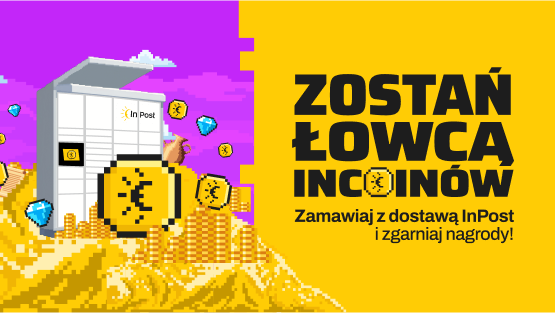 Grafika w stylu pixel-art przedstawia Paczkomat otoczony górami złotych InCoinów. To Twoja szansa na zostanie łowcą nagród! Weź udział w specjalnych wyzwaniach w apce InPost Mobile: odbieraj, nadawaj i zgarniaj EKSTRA InCoiny! 