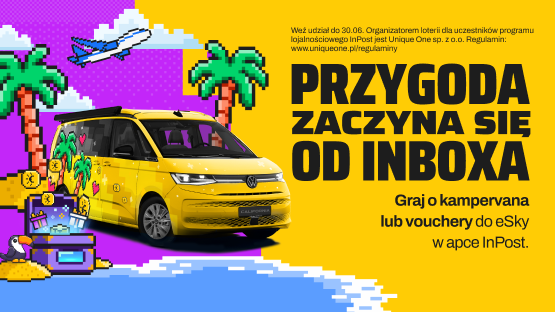 Żółty kampervan InPost w pikselowej scenerii z InBoxem, palmami i samolotem. Przygoda zaczyna się od InBoxa. Graj o kampervana lub vouchery do eSky w apce InPost.