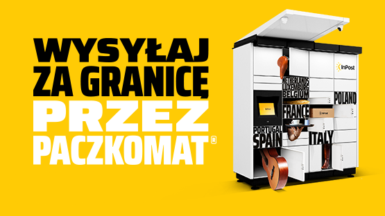 Na żółtym tle widoczny Paczkomat z otwartymi skrytkami i napisami krajów, m.in. Hiszpania, Francja, Włochy. W tle duży napis promujący wysyłkę za granicę.