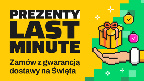 Na żółtym tle tekst: „Prezenty last minute”. Pod spodem dopisek: „Zamów z gwarancją dostawy na Święta”. Po prawej wesoła, pikselowa grafika przedstawiająca prezent i choinkę.