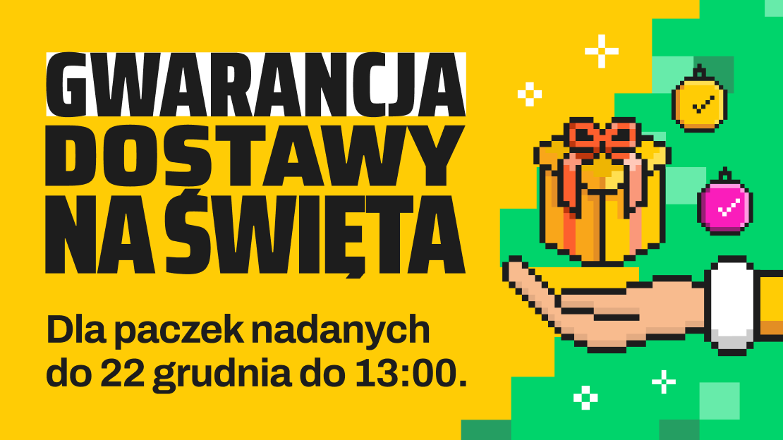 Grafika z żółtym tłem, pikselowym prezentem oraz tekstem "Gwarancja dostawy na Święta" dla paczek nadanych do 22 grudnia do godziny 13:00"