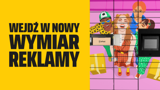 Kolorowa ilustracja czterech uśmiechniętych osób na urządzeniu Paczkomat z hasłem: Wejdź w nowy wymiar reklamy.