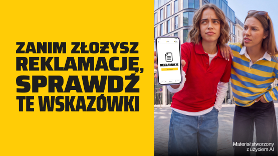 Dwie osoby na ulicy, jedna pokazuje telefon z otwartym ekranem „Reklamacje” w aplikacji InPost. Napis: Zanim złożysz reklamację, sprawdź te wskazówki.