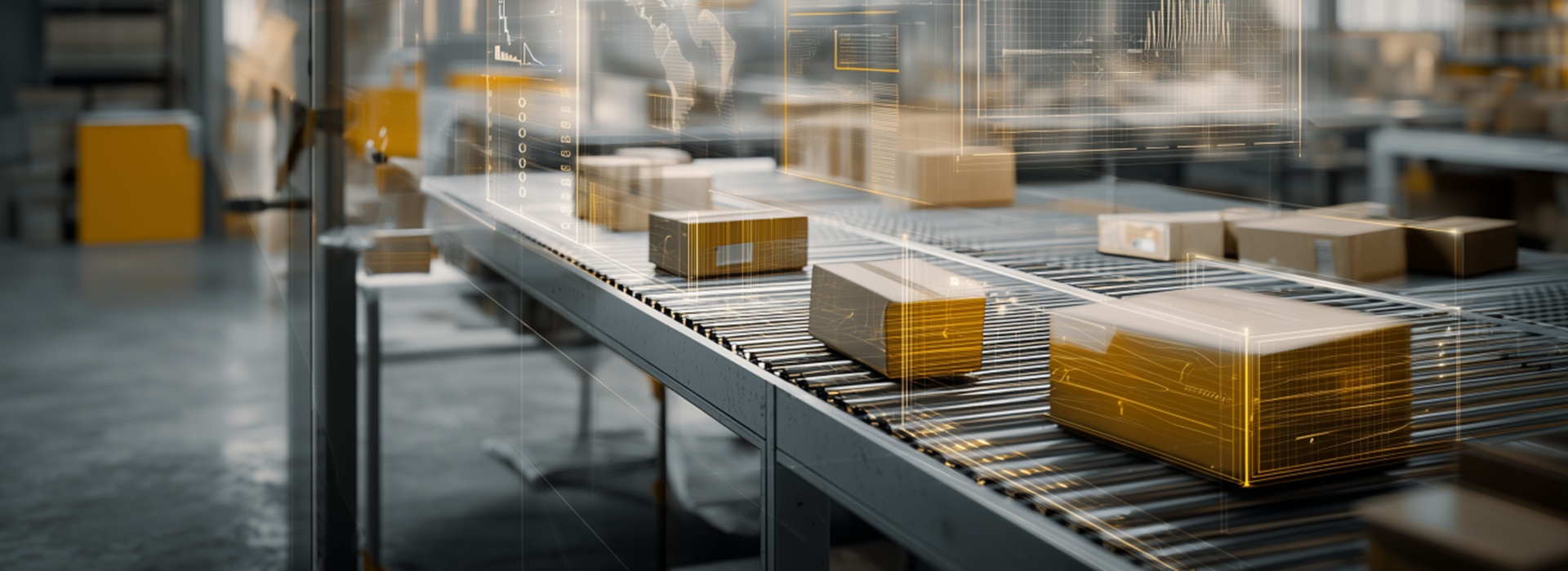 Kartony na taśmie produkcyjnej w magazynie, z nałożonymi grafikami danych, czyli automatyzacja firmy.