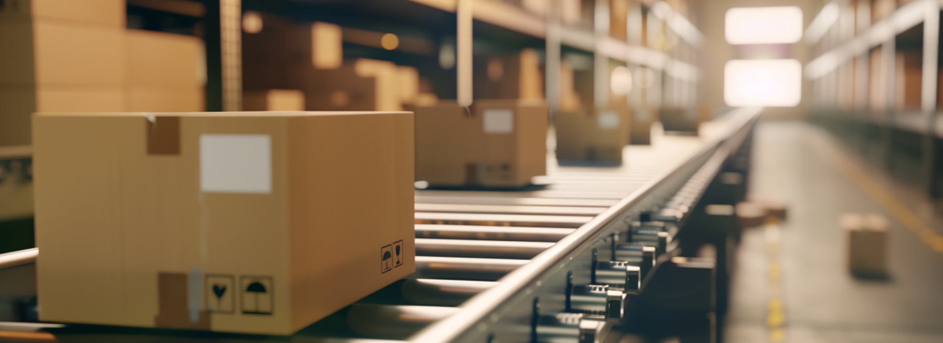 Kartonowe pudełko na taśmie transportowej w magazynie, czyli automatyzacja sklepu internetowego