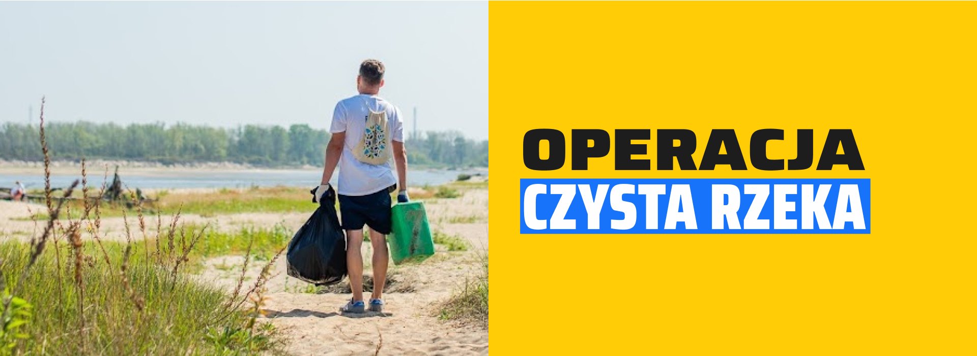 Mężczyzna zbierający śmieci nad rzeką w ramach akcji Operacja Czysta Rzeka.