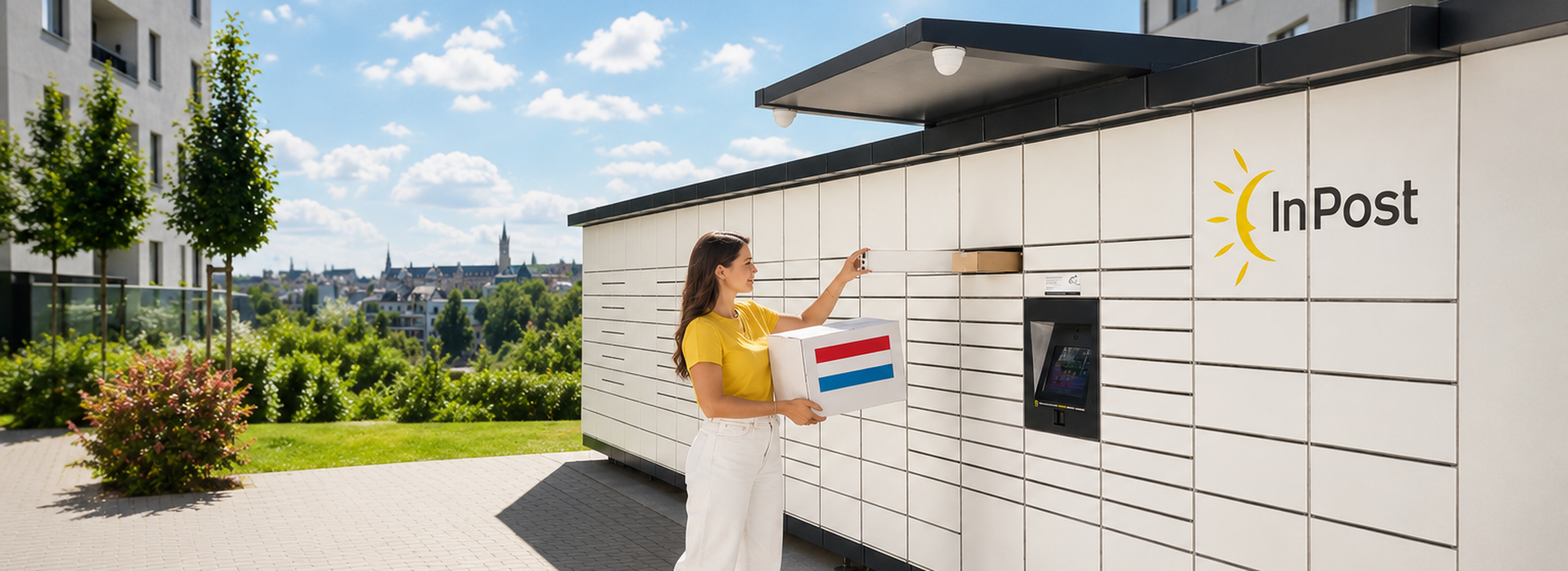 Kobieta nadaje paczkę z Luksemburga do Polski przez Paczkomat InPost.