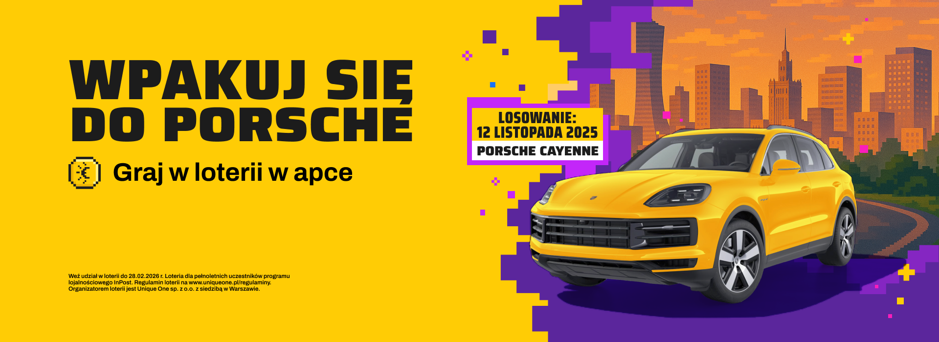 Żółte porsche. Napis: Wpakuj się w porsche.