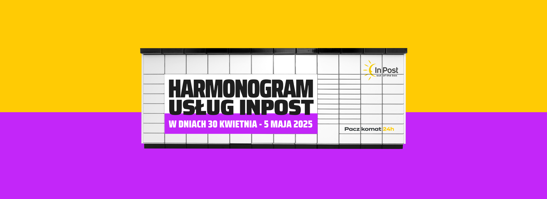 Urządzenie Paczkomat na żółto-fioletowym tle. Harmonogram usług InPost w dniach od 30 kwietnia do 5 maja 2025 roku 