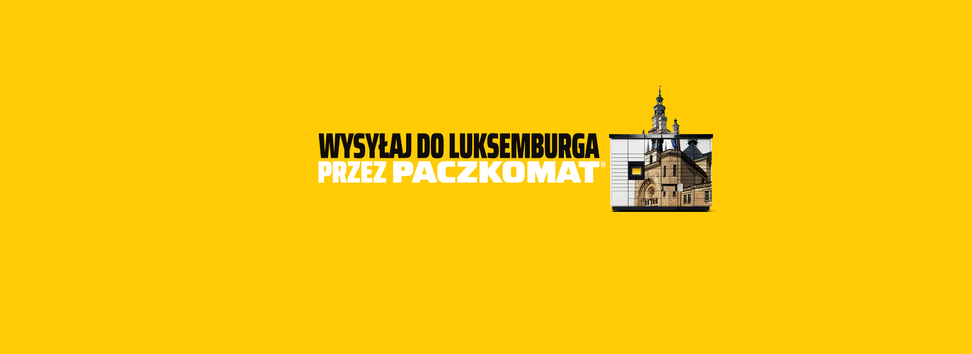 Grafika reklamowa o możliwości wysyłania paczek za granicę do Luksemburga przez Paczkomat. Intensywnie żółte tło z wizerunkiem stylizowanego budynku i wyraźnym hasłem: Wysyłaj do Luksemburga przez Paczkomat.