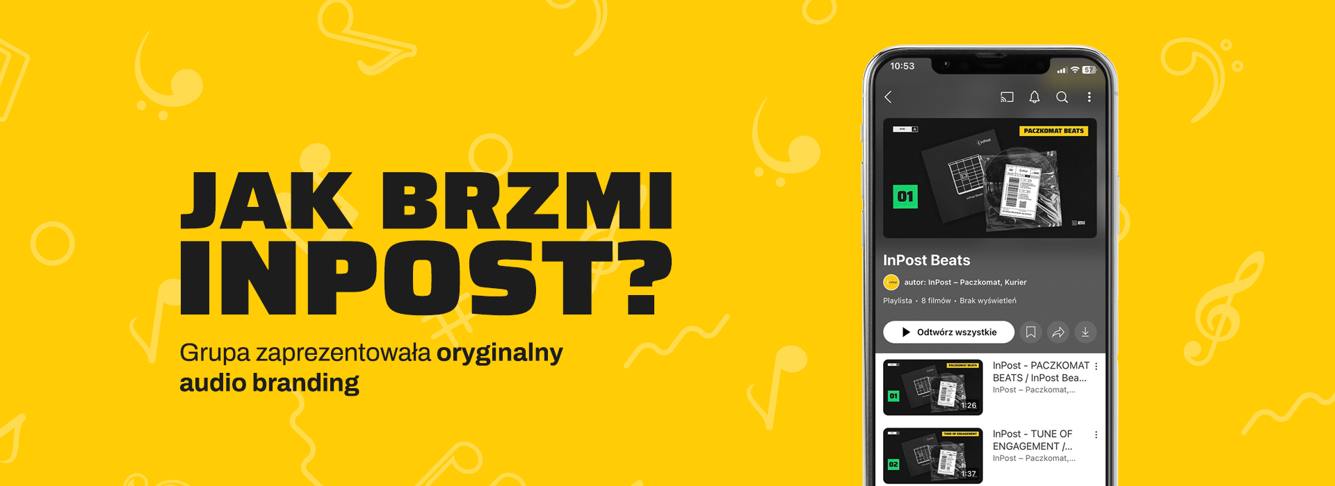 Ekran telefonu z playlistą InPost Beats i okładka winyla z graficznym wizerunkiem urządzenia Paczkomat. Jak brzmi InPost? Grupa zaprezentowała oryginalny audio branding.