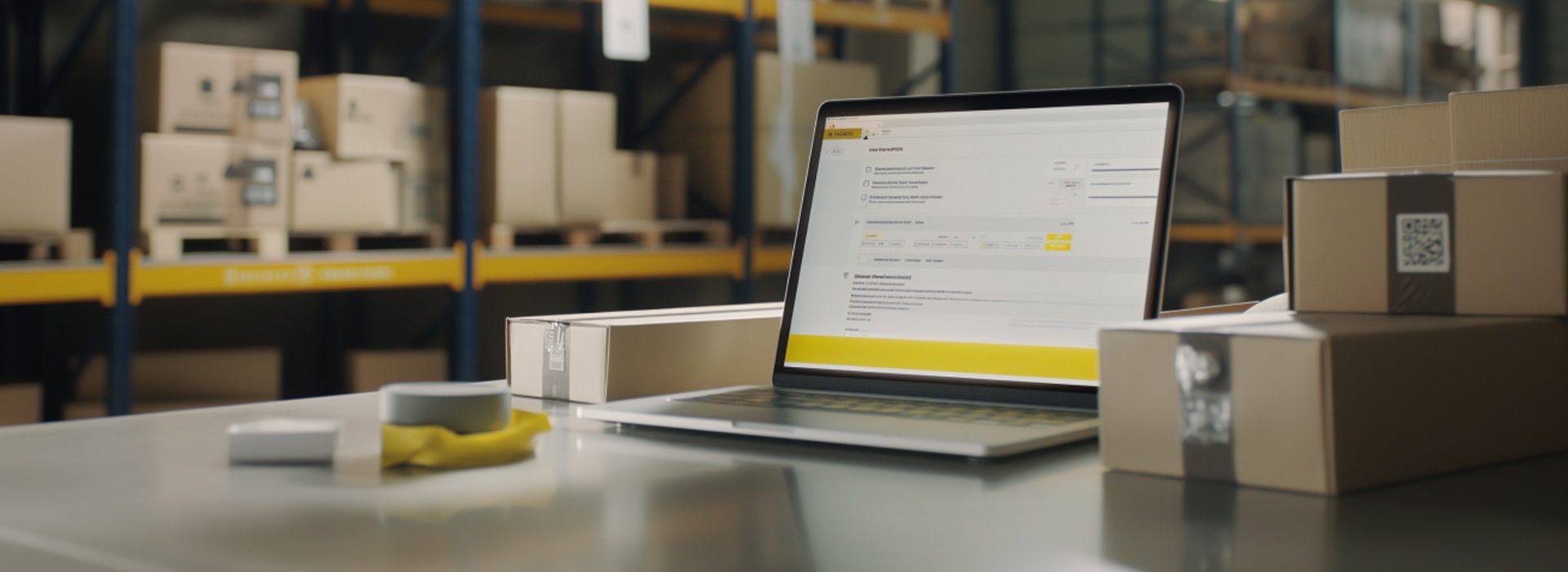 Laptop ze sposobem jak stworzyć bota zakupowego w magazynie, wokół kartony i taśma klejąca.