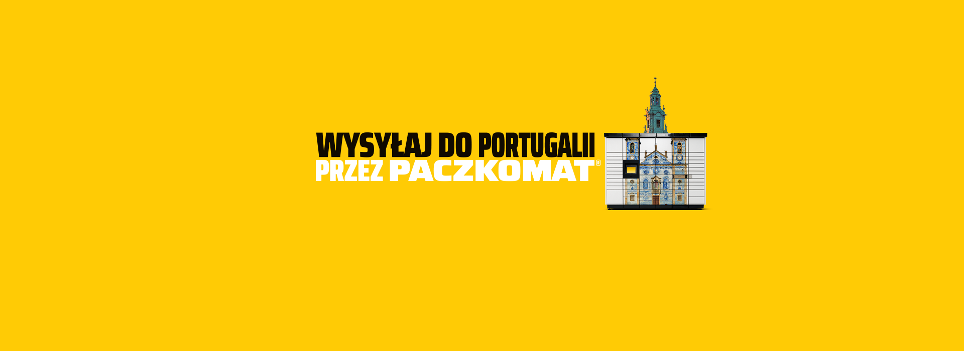 Grafika promocyjna przedstawiająca możliwość wysyłania paczki do Portugalii przez Paczkomat. Na żółtym tle widnieje napis "Wysyłaj do Portugalii przez Paczkomat". Po prawej stronie znajduje się zdjęcie Paczkomatu, na którego front nałożono obraz charakterystycznego budynku z Portugalii, ozdobionego kafelkami azulejos.