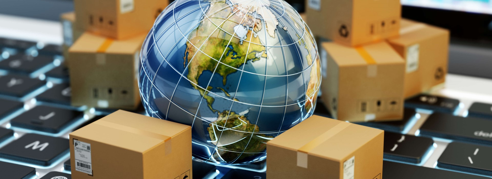 Paczki ułożone wokół kuli ziemskiej, reprezentujące ideę sprzedaży za granicę