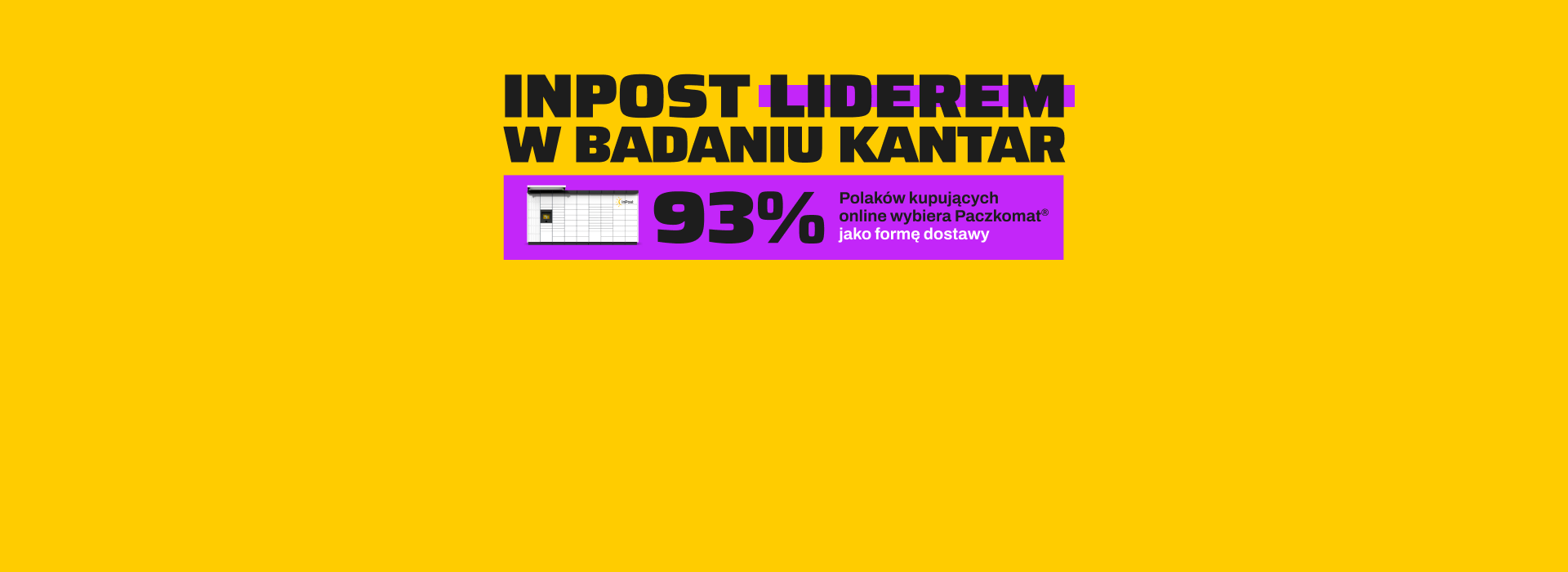 Grafika promocyjna firmy InPost na żółtym tle z napisem "INPOST LIDEREM W BADANIU KANTAR". Poniżej znajduje się fioletowy prostokąt z rysunkiem paczkomatu oraz informacją, że 93% Polaków kupujących online wybiera Paczkomat jako formę dostawy.