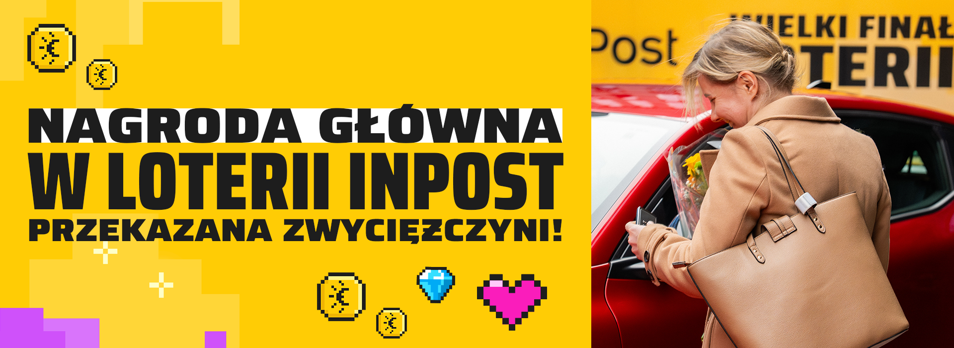 Grafika na żółtym tle z napisem "Nagroda główna w loterii InPost przekazana zwyciężczyni!". Po prawej stronie zdjęcie Pani Lidii odbierającej samochód - czerwone Renault.