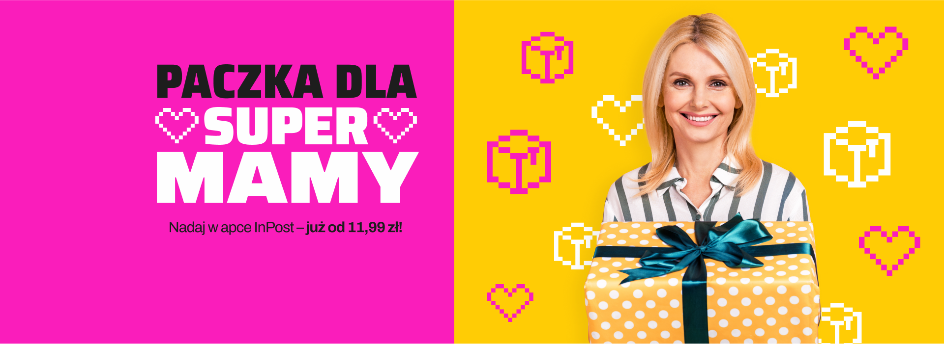 Paczka dla Supermamy  Nadaj w apce InPost już od 11,99 zł  Uśmiechnięta kobieta trzyma w ręce dużą paczkę