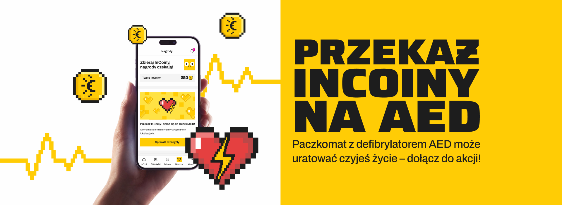 Smartfon z aplikacją InPost Mobile i ekranem zbiiórki InCoinów. Przekaż InCoiny na AED. Paczkomat z defibrylatorem AED może uratować czyjeś życie – dołącz do akcji! Kliknij!