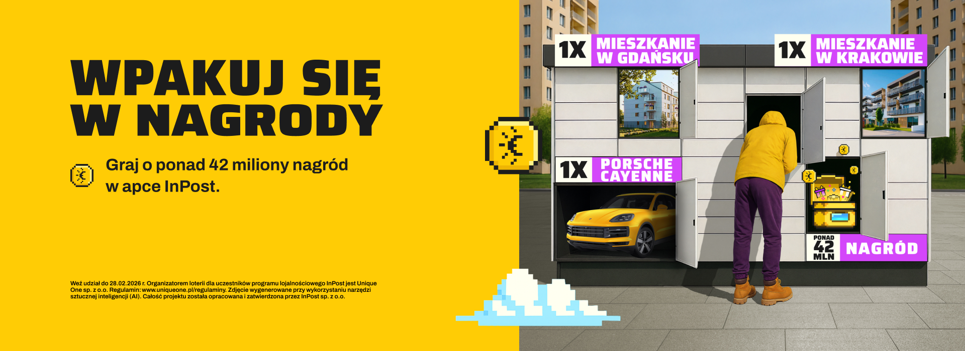 Mężczyzna zagląda do skrytki maszyny Paczkomat. Wpakuj się w nagrody - graj o ponad 42 miliony nagród w apce InPost.