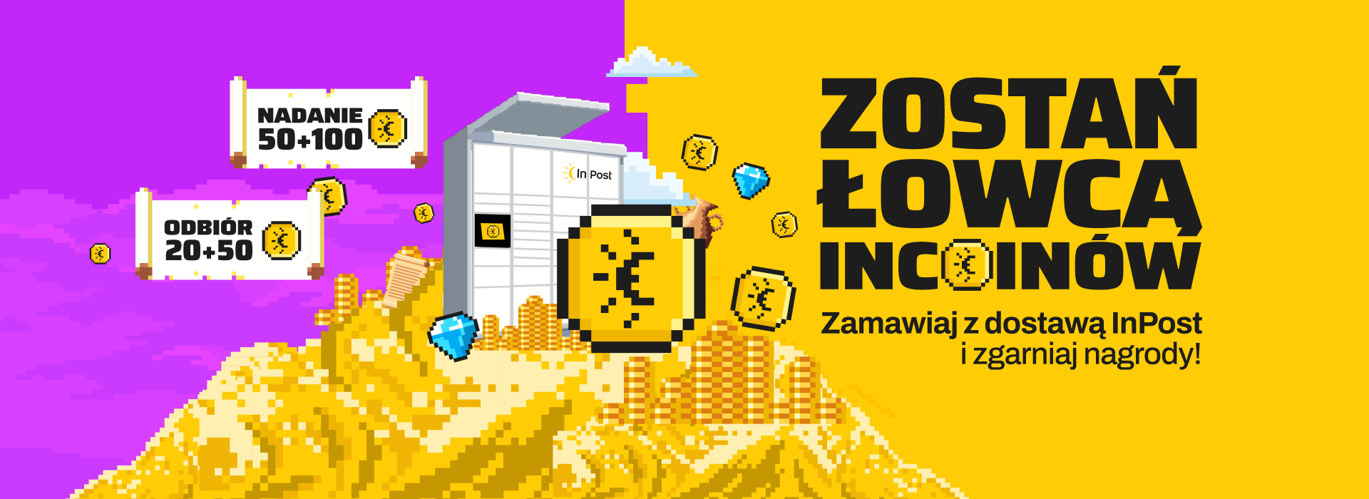 Grafika w stylu pixel-art przedstawia Paczkomat otoczony górami złotych InCoinów. To Twoja szansa na zostanie łowcą nagród! Weź udział w specjalnych wyzwaniach w apce InPost Mobile: odbieraj, nadawaj i zgarniaj EKSTRA InCoiny! 