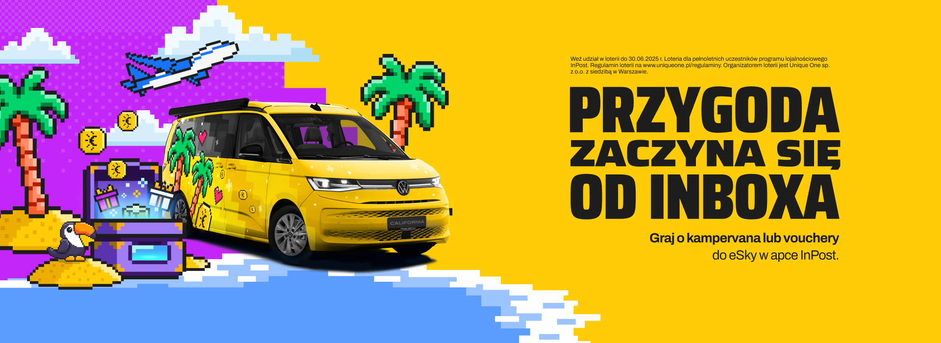 Żółty kampervan InPost w pikselowej scenerii z InBoxem, palmami i samolotem. Przygoda zaczyna się od InBoxa. Graj o kampervana lub vouchery do eSky w apce InPost.