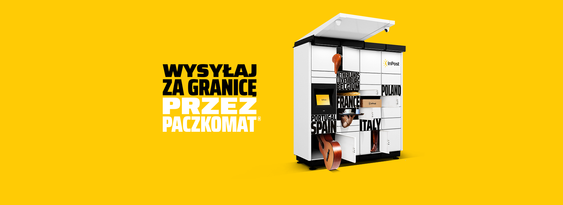 Na żółtym tle widoczny Paczkomat z otwartymi skrytkami i napisami krajów, m.in. Hiszpania, Francja, Włochy. W tle duży napis promujący wysyłkę za granicę.