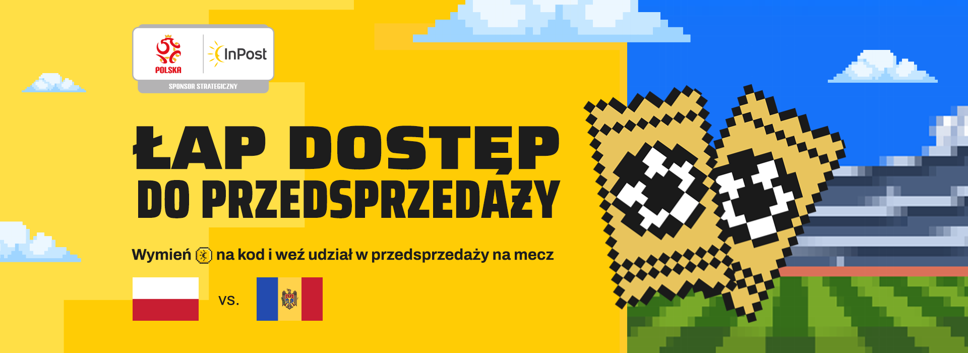 Pixelartowe bilety nad stadionem piłkarskim. Chcesz być na meczu Polska-Mołdawia? Łap dostęp do przedsprzedaży! Wymień InCoiny na kod i kup bilety przed innymi!