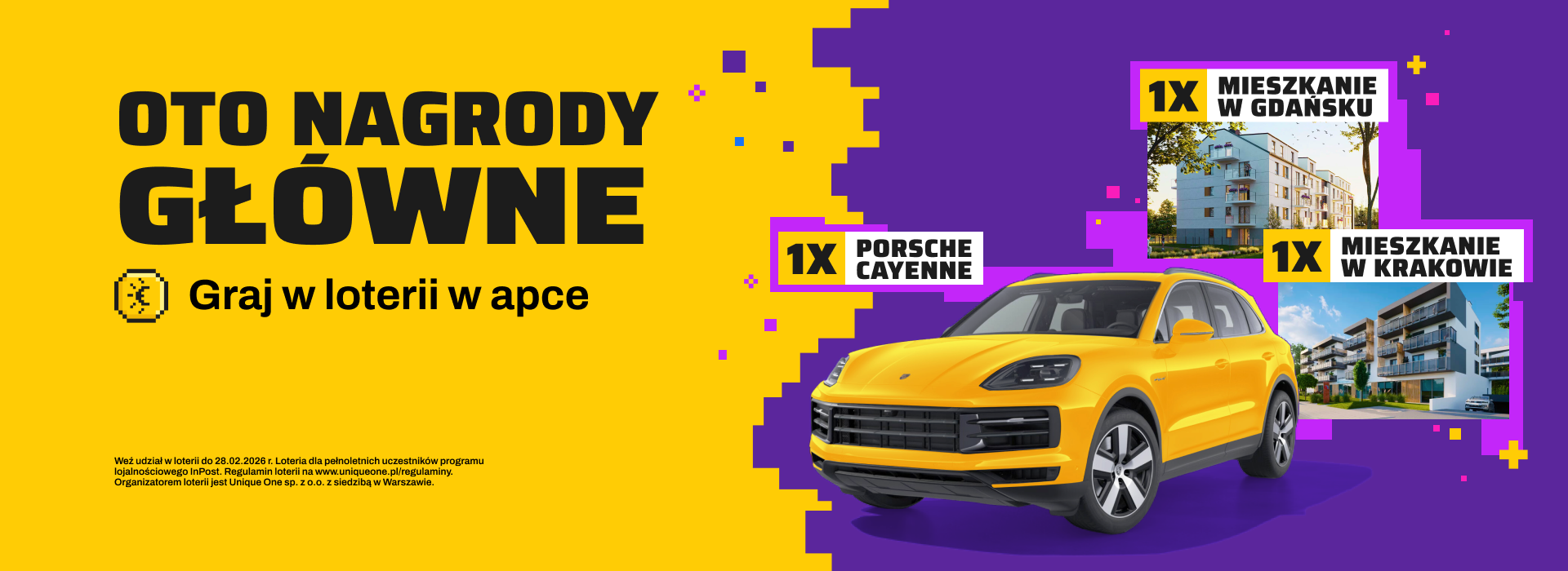 Żółte porsche, mieszkanie w Gdańsku i mieszkanie w Krakowie. Napis oto nagrody główne.