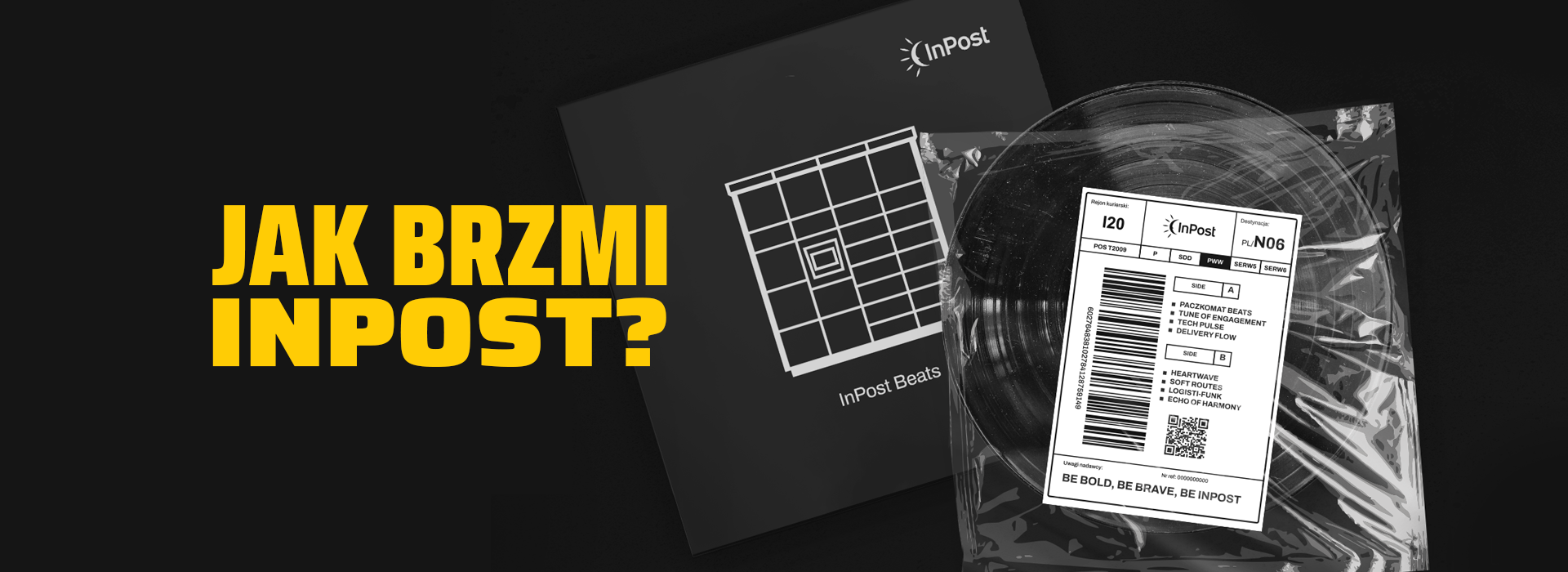 Winyl z etykietą InPost i czarna okładka z graficznym wizerunkiem urządzenia Paczkomat. Jak brzmi InPost? Teraz rozpoznasz naszą markę z zamkniętymi oczami!