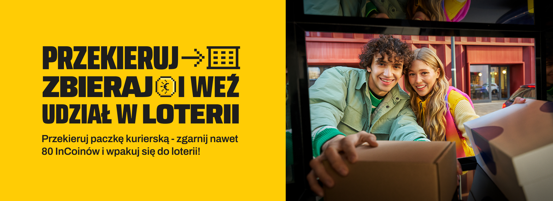 Uśmiechnięci chłopak i dziewczyna odbierają paczkę ze skrytki. Przekieruj paczkę kurierską na Paczkomat, zgarnij nawet 80 InCoinów i weź udział w loterii