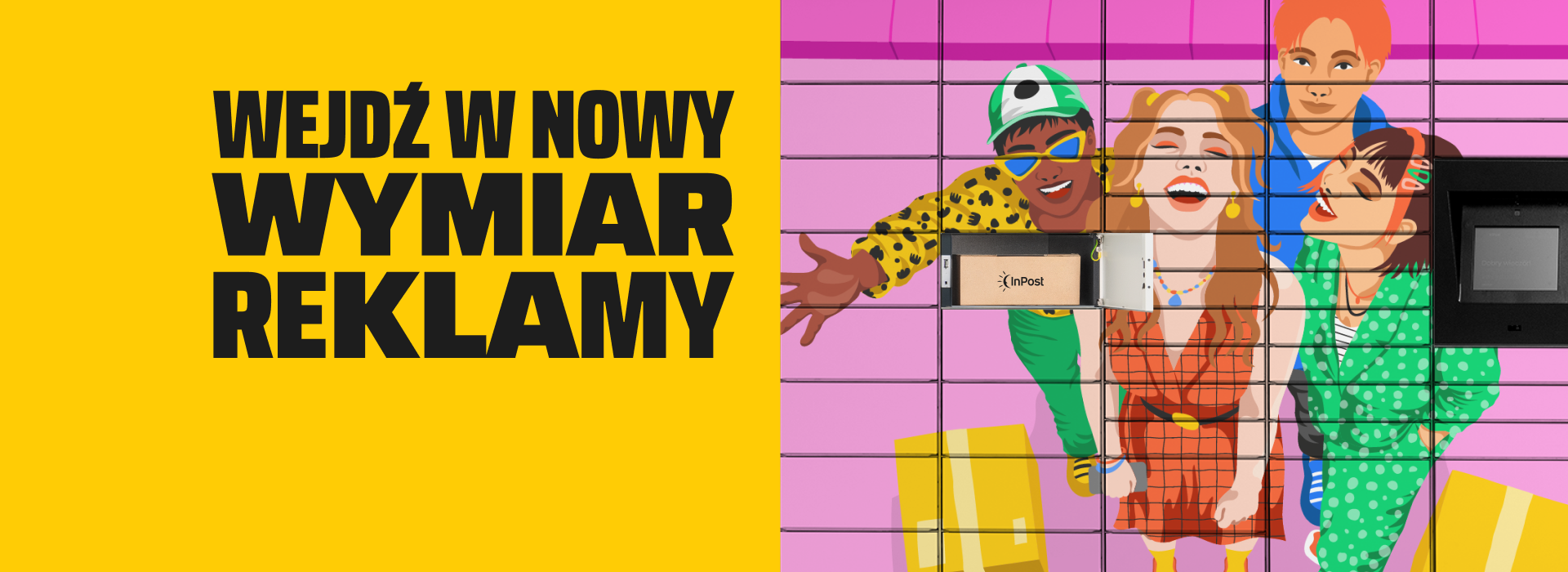 Kolorowa ilustracja czterech uśmiechniętych osób na urządzeniu Paczkomat z hasłem: Wejdź w nowy wymiar reklamy.