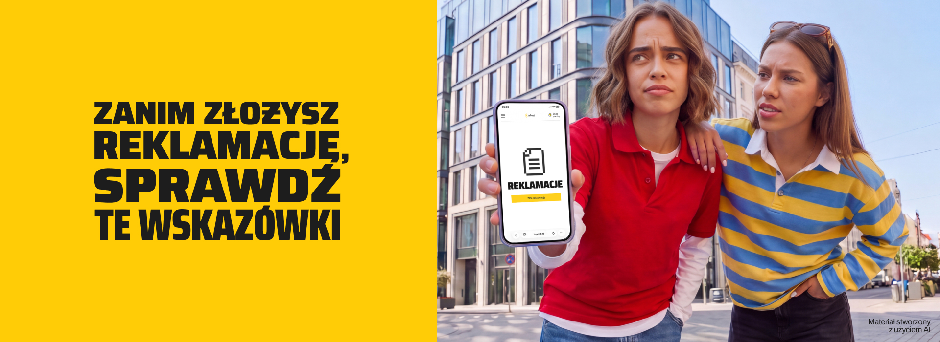 Dwie osoby na ulicy, jedna pokazuje telefon z otwartym ekranem „Reklamacje” w aplikacji InPost. Napis: Zanim złożysz reklamację, sprawdź te wskazówki.