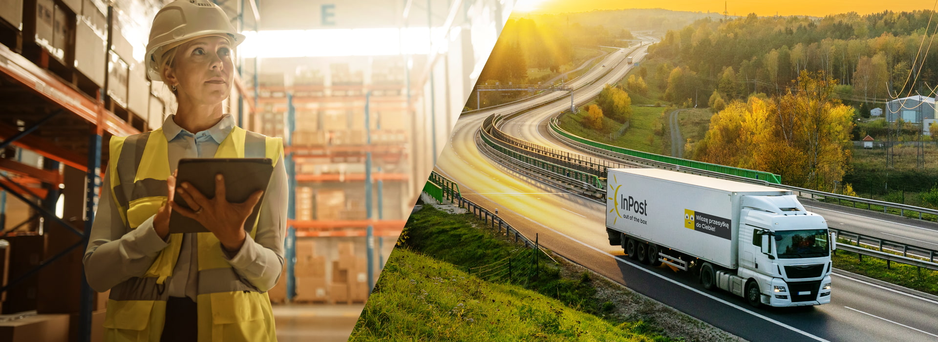 Transport i logistyka: pracownica magazynu w kamizelce odblaskowej korzysta z tabletu w hali składowania, obok ciężarówka kurierska jedzie autostradą przez krajobraz.