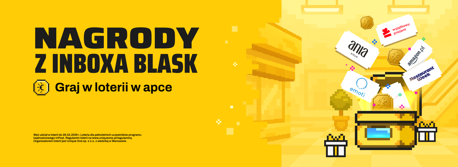 Nagrody wyłaniające się z InBoxa Blask, wypisane na białych kartach - m.in. Wyjątkowy Prezent, Ania Kruk, Emoti, Restaurant Week.