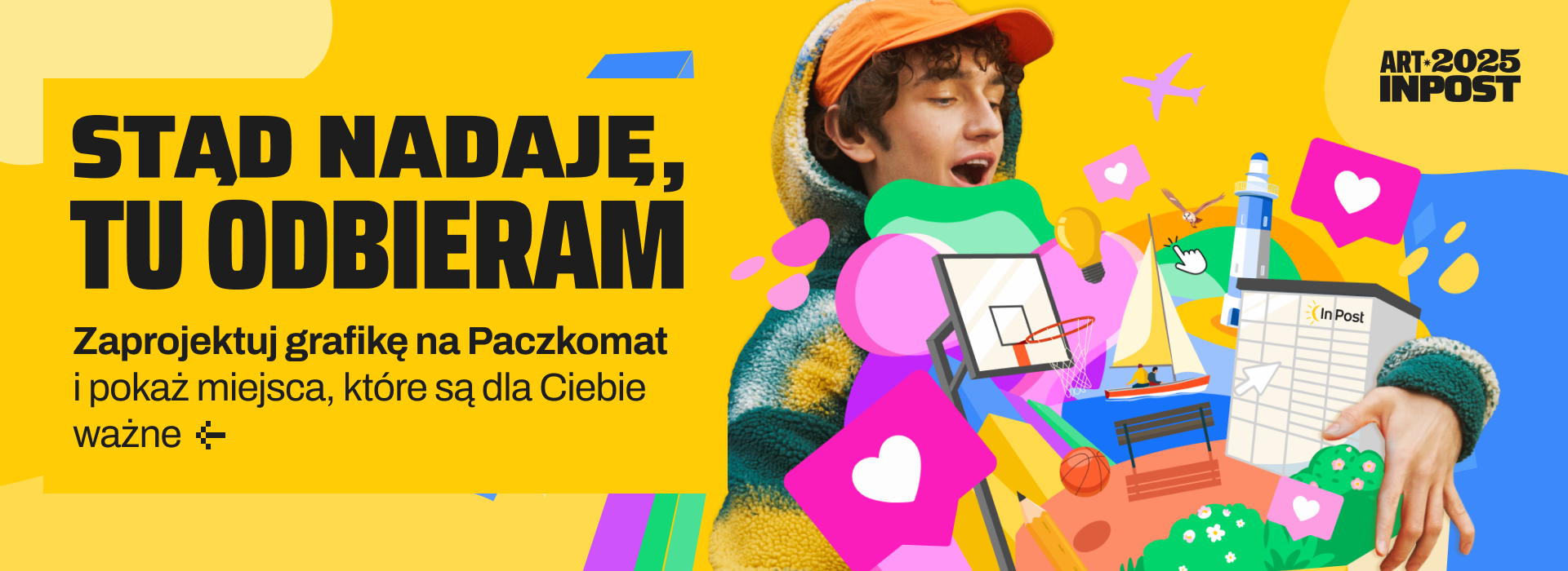 Młody chłopak niesie symboliczne, kolorowe ikony jego zainteresowań. Stąd nadaję, tu odbieram – zaprojektuj grafikę na Paczkomat i pokaż miejsca, które są dla Ciebie ważne.